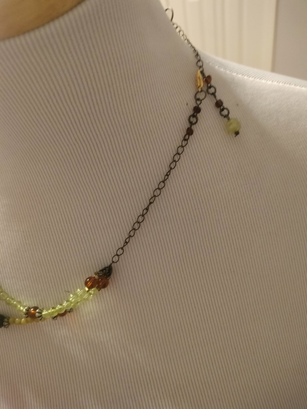 Delicate Vintage Green Beaded Necklace with Amber Accents